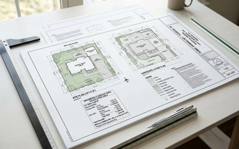 Architectural site plan with impermeable area calculations for a Pasadena hardscape permit