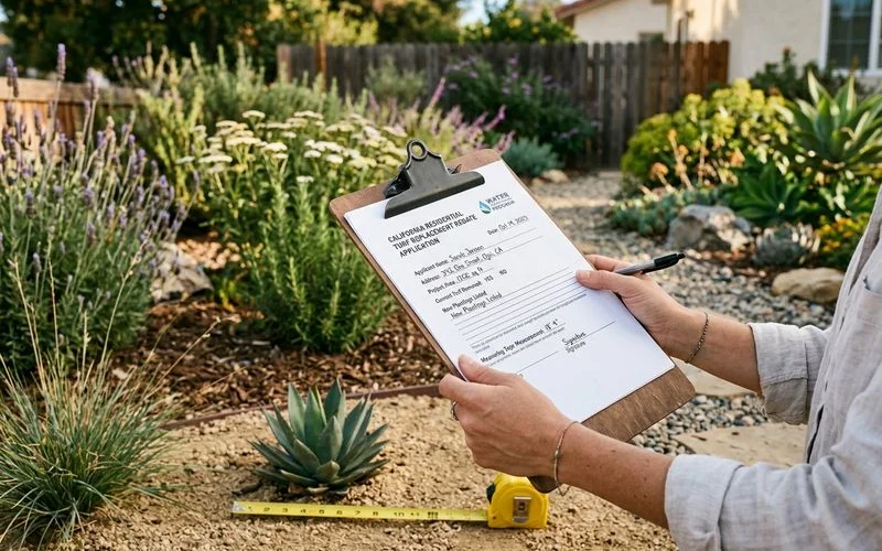 Clipboard with rebate application papers on a designed drought yard