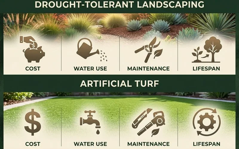 Comparison infographic showing cost, water, maintenance, and lifespan for drought vs turf