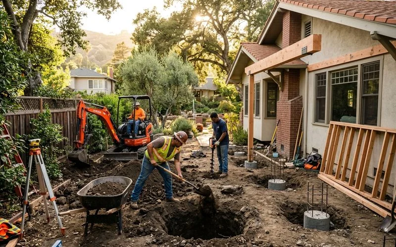 Crew excavating post footings for a permitted attached pergola