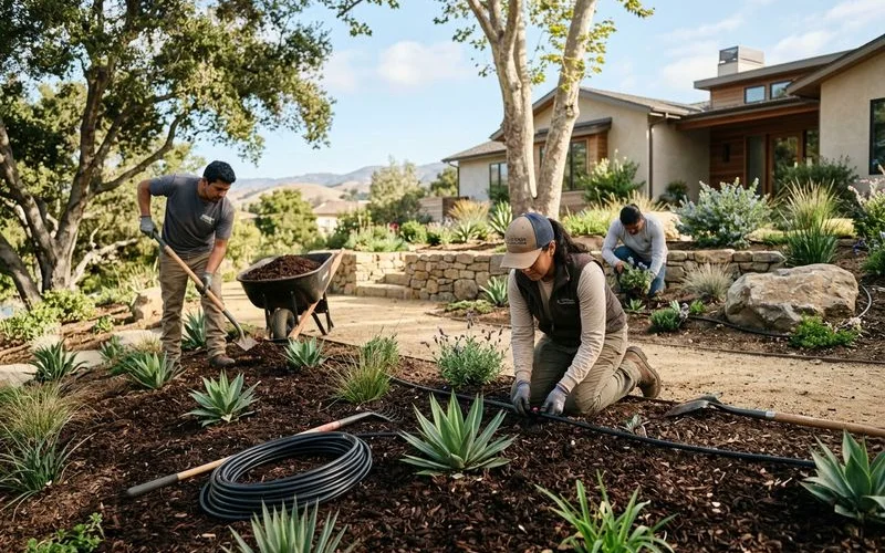 Crew installing drip irrigation and mulch in a new drought yard