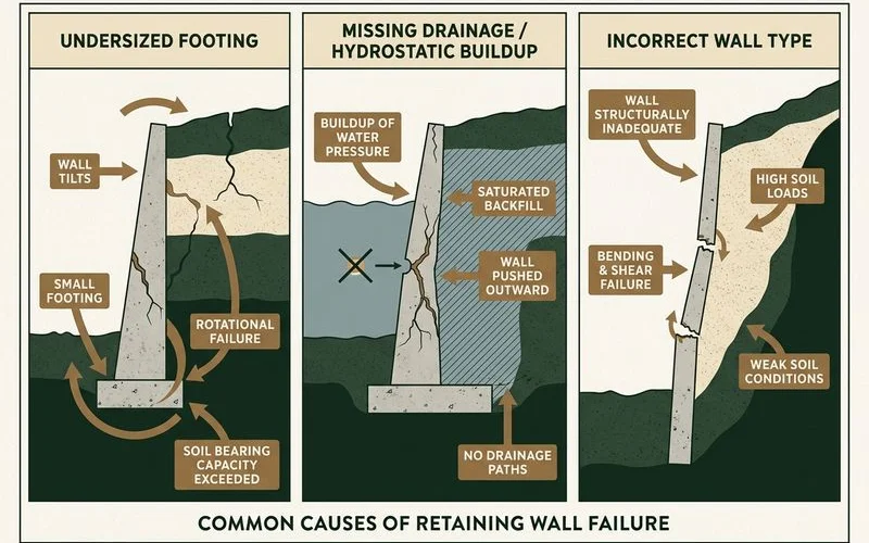 Diagram of three retaining wall failure modes
