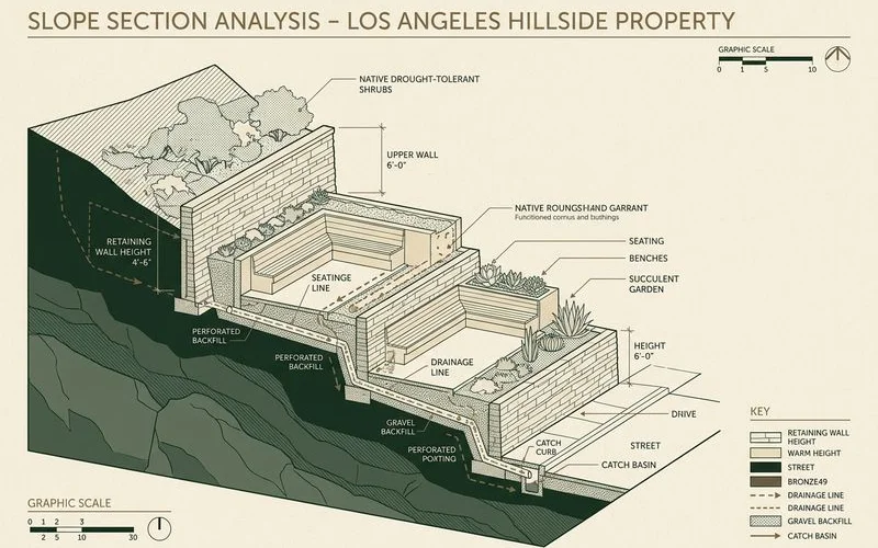 Designer's slope section showing terraced benches, wall heights, drainage, and planting zones