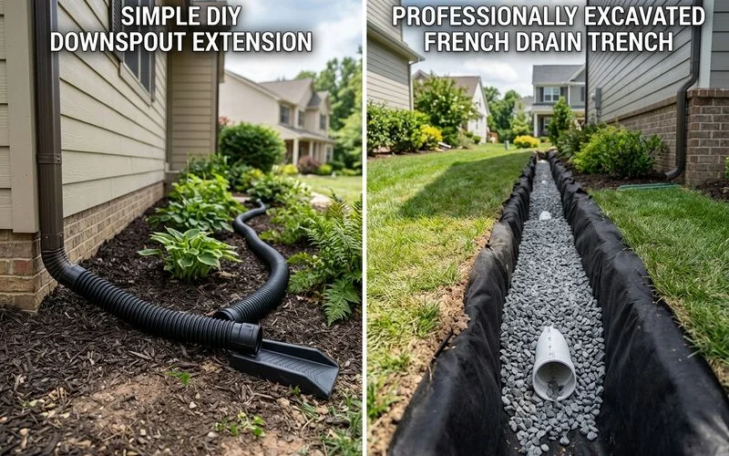 DIY downspout extension next to a professional French drain trench