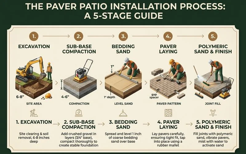 Five-stage infographic of paver patio installation