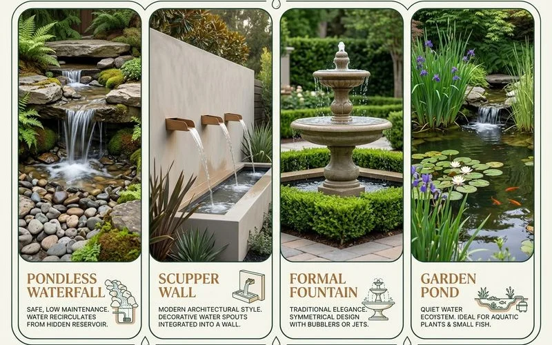 Four water feature types compared — pondless waterfall, scupper wall, formal fountain, pond