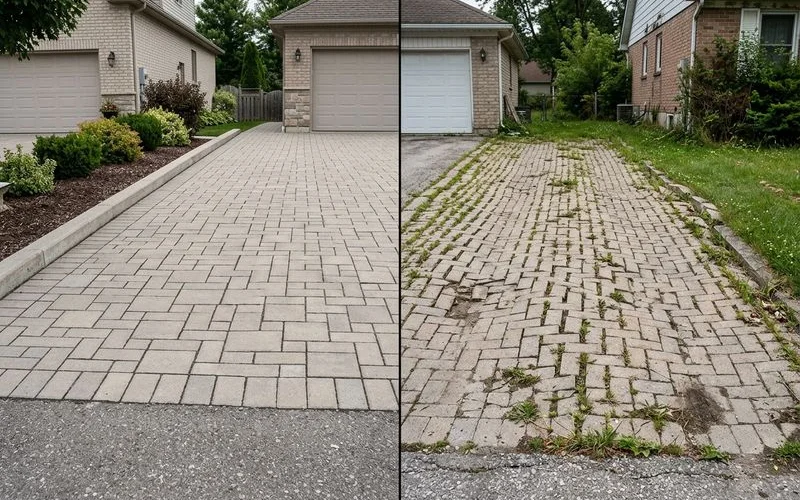 Comparison of a well-maintained paver driveway versus a failing one