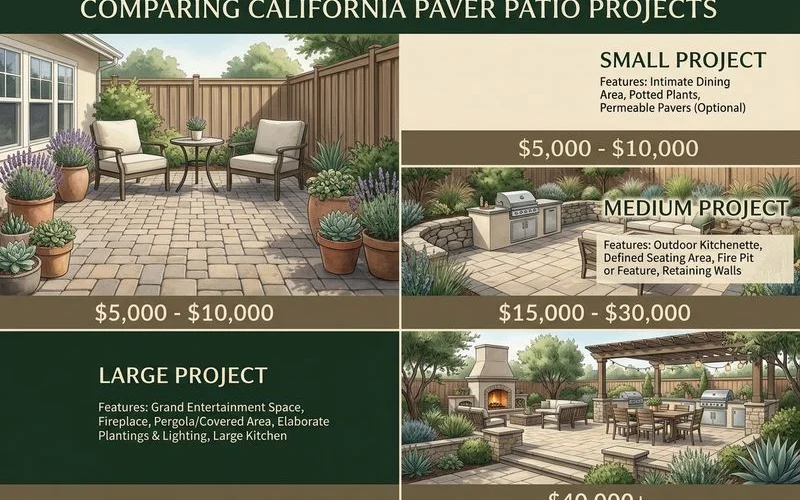 Three-tier visual showing small, medium, and large paver patios with cost ranges