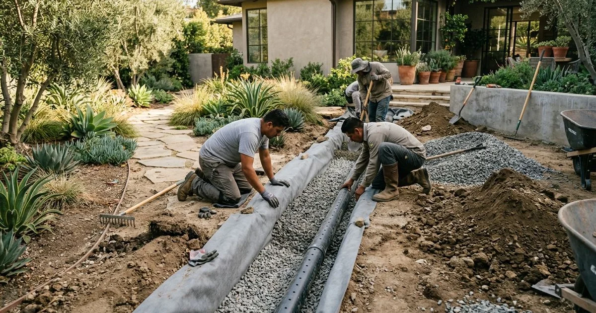 Crew installing a French drain trench with perforated pipe, gravel, and geotextile