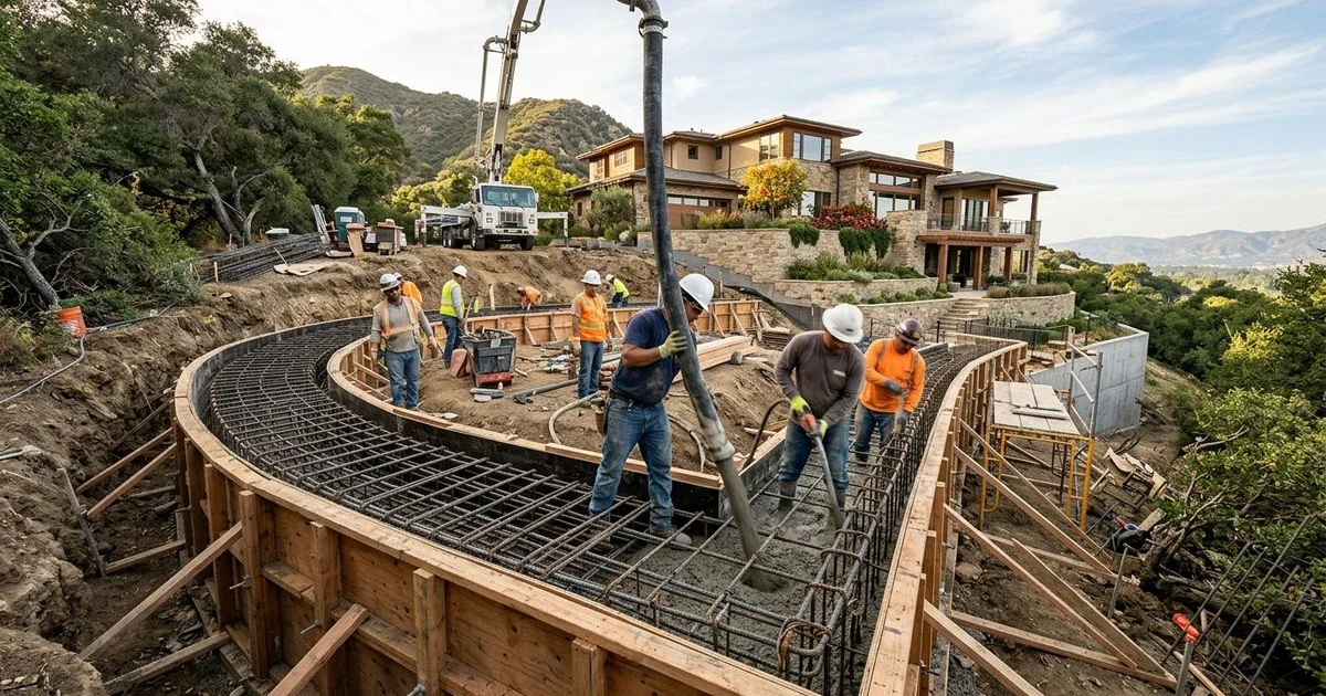 Crew pouring a concrete footing for an engineered retaining wall with rebar cage visible