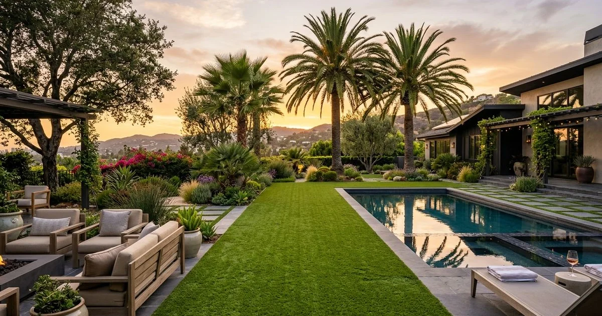 Mature artificial turf lawn in full LA sun with backyard pool and palms