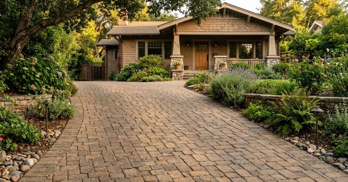 Mature Belgard paver driveway at a Pasadena Craftsman home after a decade of use