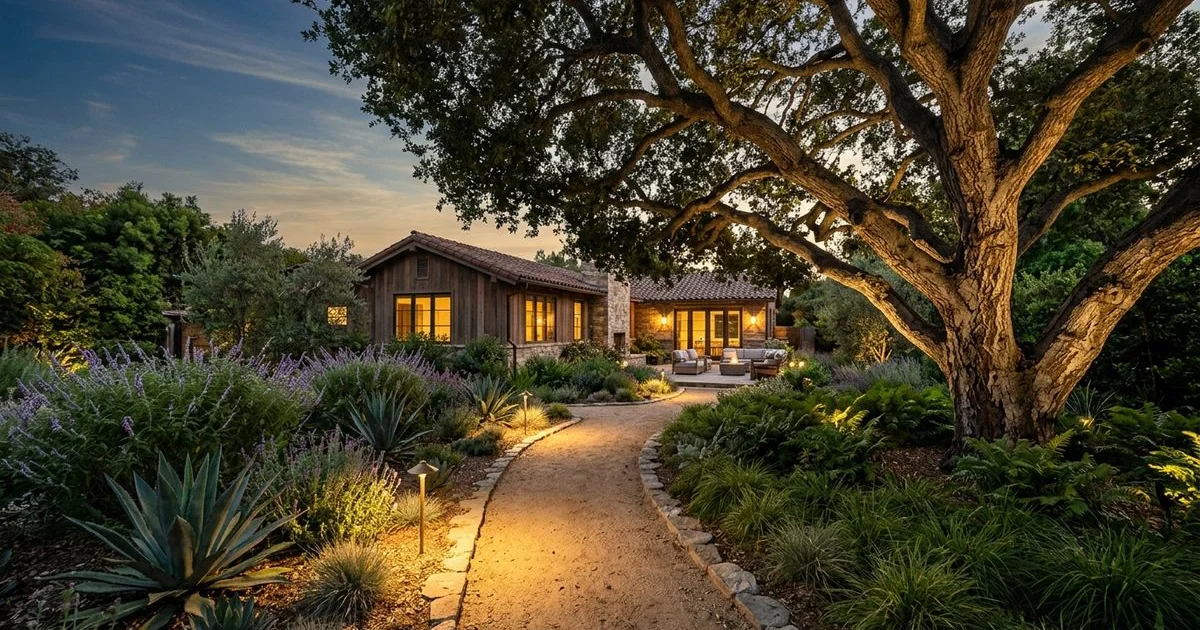 Mature LA garden at dusk with dramatic uplighting on an oak tree and path lighting on a decomposed granite walkway