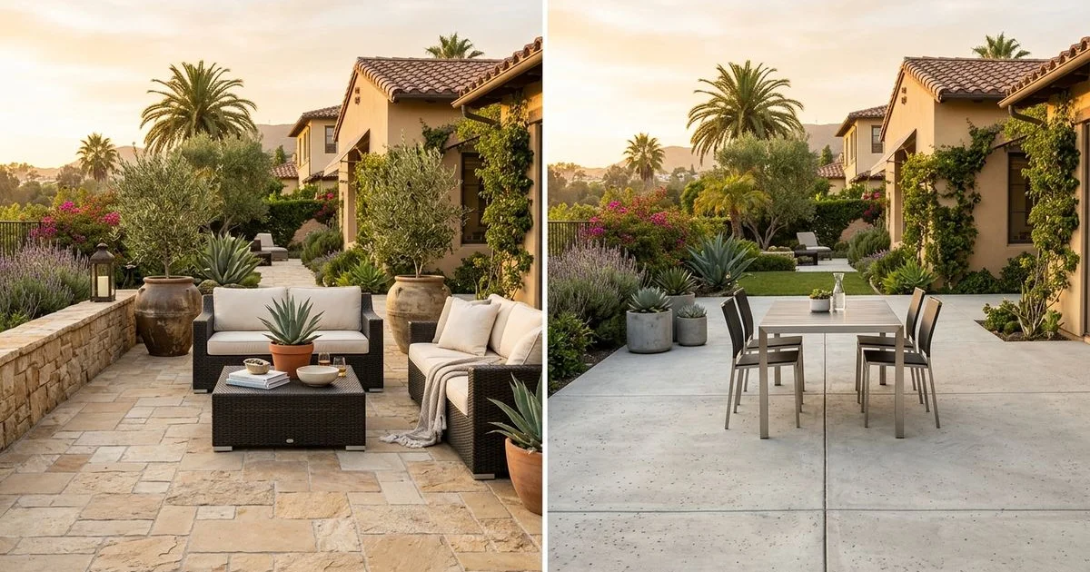 Side-by-side comparison of a paver patio and a poured concrete patio in an LA backyard