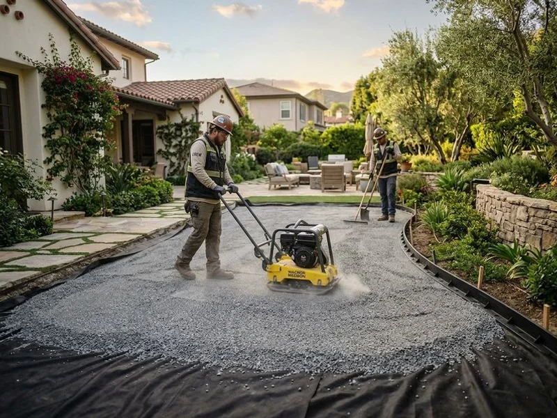 Crew installing engineered sub-base for artificial turf in Burbank