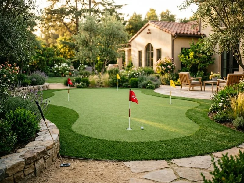 Custom four-hole putting green with integrated fringe in San Marino