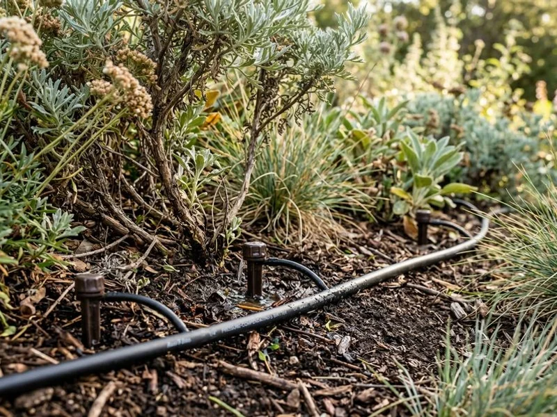 Drip irrigation emitters at the base of layered native plants