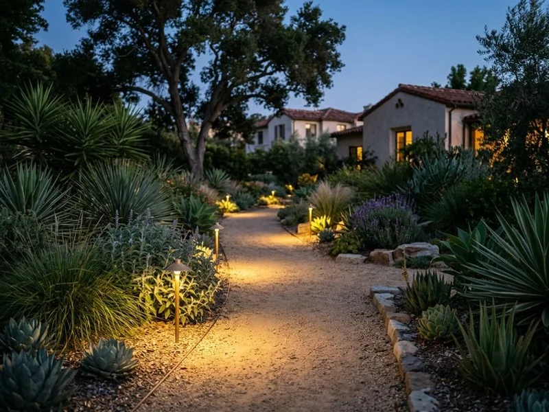 Path lighting through a drought-tolerant garden at twilight in San Marino