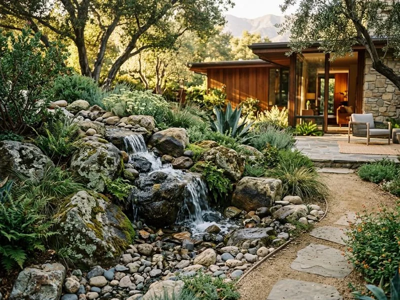 Pondless waterfall through a drought-tolerant garden in La Cañada