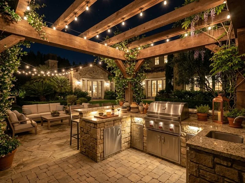 Stone veneer outdoor kitchen at night in Beverly Hills