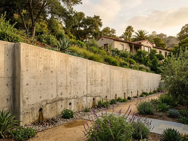 Poured-concrete retaining wall with drainage weep holes in Pasadena