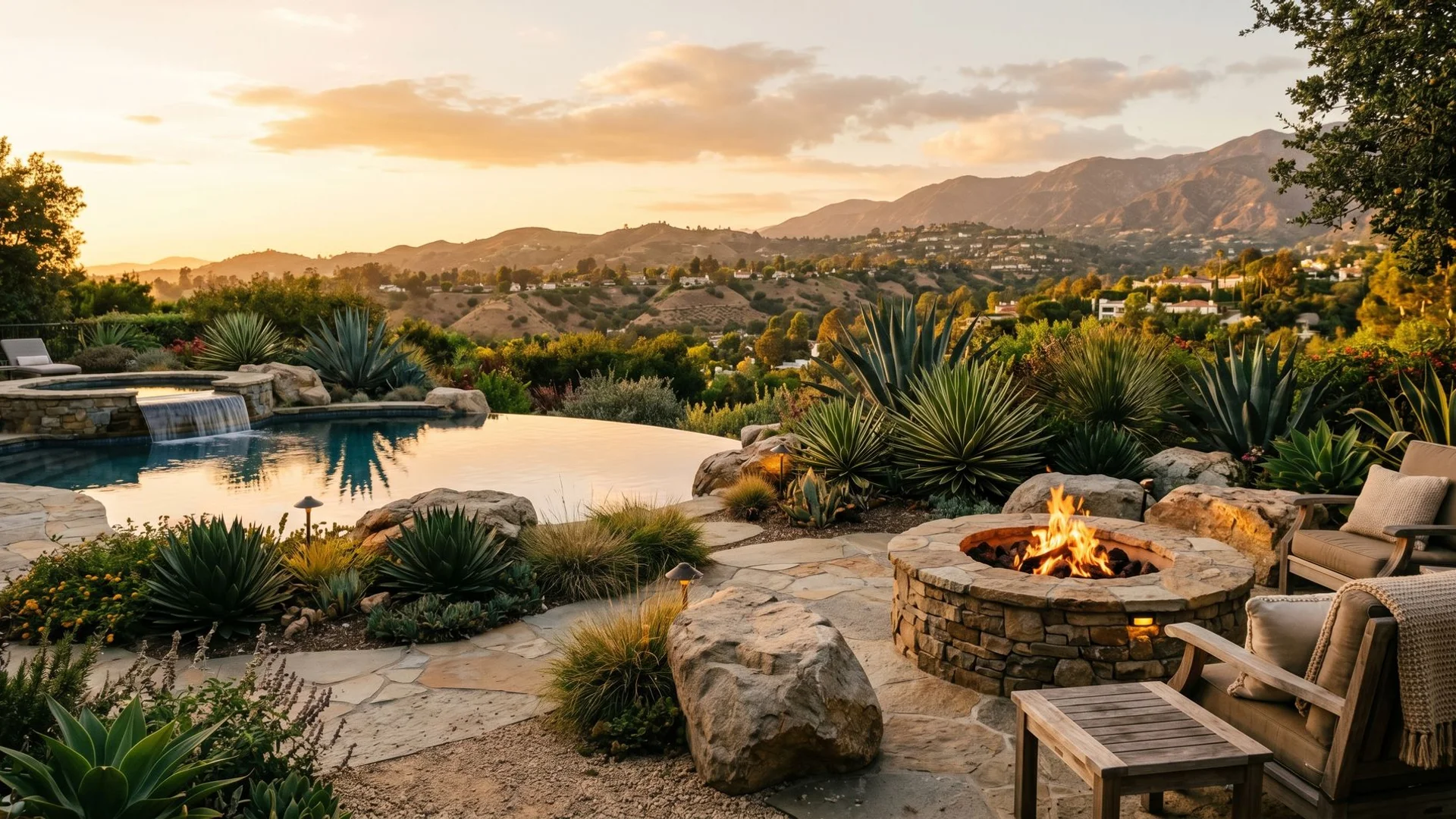 Luxury Pasadena backyard at golden hour with stone fire pit, infinity pool, and mature drought-tolerant landscape