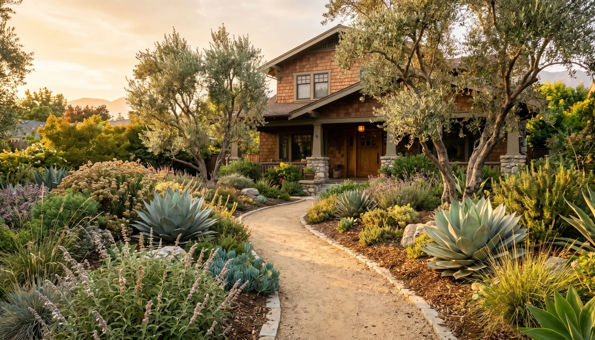Mature drought-tolerant front yard with California natives in Pasadena